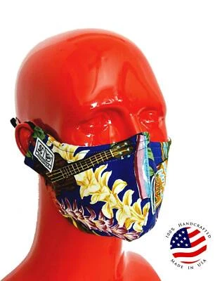 Hawaiian Print Fabric Face Mask Filter Pocket Kona Adjustable - Image 1 of 4