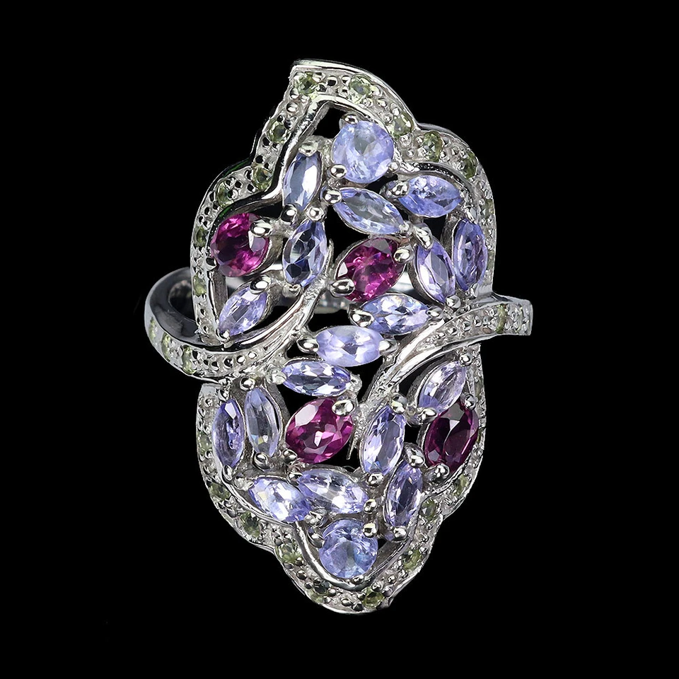 925 Sterling Silver Ring Oval Rhodolite Peridot Tanzanite Gemstone Jewelry Size - Image 1 of 4