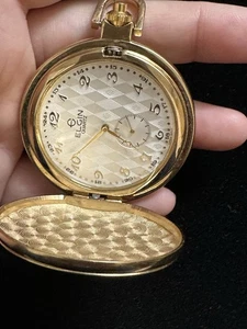 Vintage Elgin Hunter goldfarbene & weiße Taschenuhr Quarz braucht Batterie - Bild 1 von 12