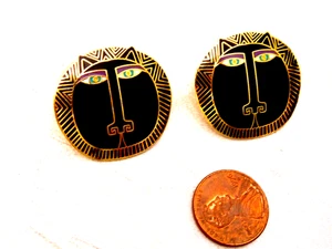 Vtg Laurel Burch Moon Tiger Black Enamel Cloisonne Gold Tone Pierced Earrings - Picture 1 of 3