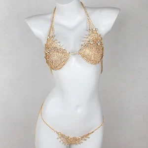 Sexy conjunto de sujetador de bikini con incrustaciones de cadena corporal tanga de diamantes de imitación para mujer - Imagen 1 de 16