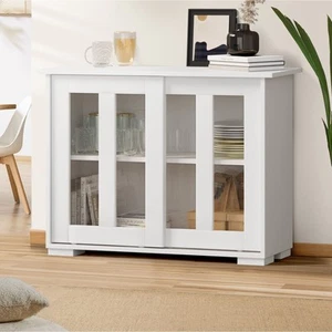 Oikiture Sideboard Buffet Cupboard Cabinet Glass Sliding Door Storage White - Picture 1 of 9