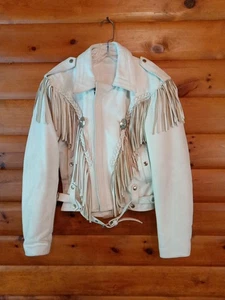Vintage FIRST echt weiße Leder Bikerjacke mit Fransen Damen Größe 38 - Bild 1 von 24