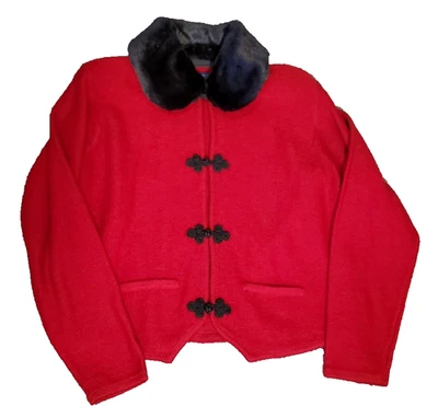 Cárdigan Karen Scott 100 % lana rojo con botones decoración cuello de piel sintética para mujer M de colección Foto 1 de 4