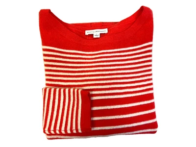White & Warren Cashmere Pullover Sweater Orange Ivory Stripe Boat Neck SZ L - Image 1 of 4