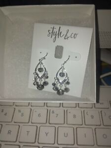 STYLE & CO, COSTUME JEWELRY EARRINGS, DANGLING, SILVER AND BLACK NWT