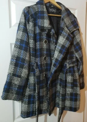 OUTER EDGE Coat Double Breasted Blue Black Gray Belted (dry clean only) - Image 1 of 4