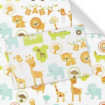 Gift Wrapping Paper for Baby Infant Boys Girls Forest Animals Lion Giraffe El... - Image 1 of 4