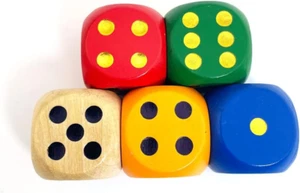 Set of 5 Random Color Large 1 1/5" round Edge Wooden Dice (5 Colors with Dots) - Picture 1 of 5
