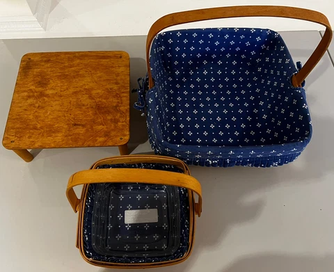 Longaberger 2 Basket Set Blue Fabric Liner W/Platform & 1 Plastic Insert 1999 Cover