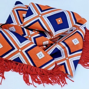 Vintage Scarf Geometric Print Mod Headscarf Neck 6.5” x 70” Blue Orange Fringe  - Picture 1 of 8