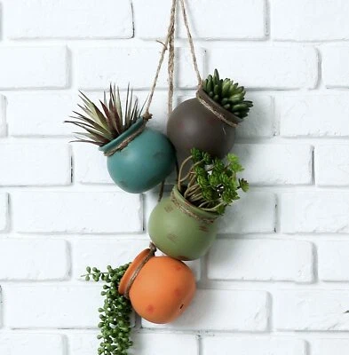Dangling Southwest Desert Color Ceramic 4 Pot Set Wall Mount Flower Planters - Image 1 of 4
