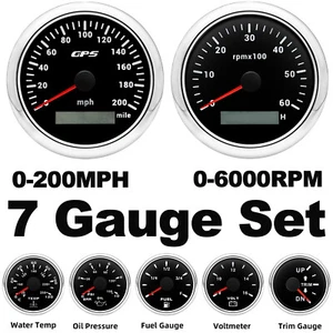7 Gauge Set 85mm GPS Speedometer 200MPH Tacho 6000RPM/Fuel/Oil/Temp/Volt/Trim - Picture 1 of 17