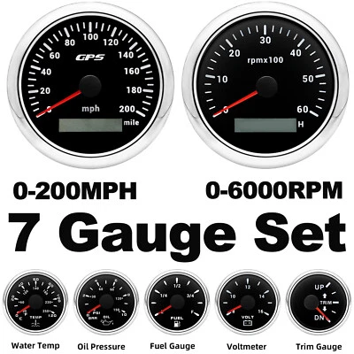 7 Gauge Set 85mm GPS Speedometer 200MPH Tacho 6000RPM/Fuel/Oil/Temp/Volt/Trim   - Image 1 of 4