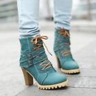 Retro Womens Lace Up Ankle Boots Block Heels Round Toe Buckle Strap Combat Shoes