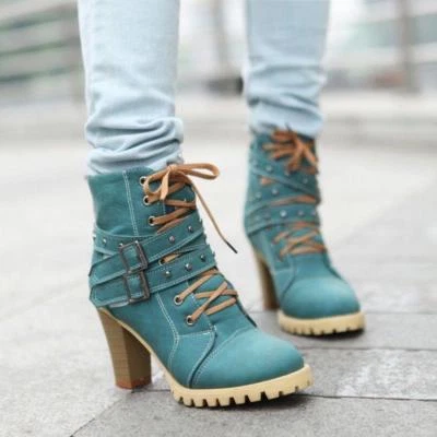 Womens Lace Up Ankle Boots Block Heels Round Toe Buckle Strap Combat Daily Shoes - Image 1 of 4