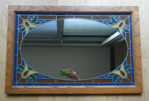 Vtg Stained Glass Wood Oak Frame Wall Mirror Yellow Lilly 27x17 Cover