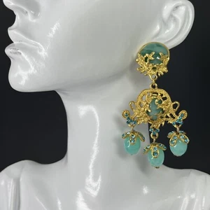 Ornate Chandelier Earrings Matte Gold Tone Pierced Green Crystal Beaded Filigree - Picture 1 of 8