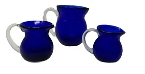 3 Cobalt Blue Pilgrim Art Glass Creamer Pitcher Clear Applied Handle 12oz & 2oz - Picture 1 of 12