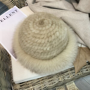 Women's Ladies Elegant Real Mink Fur Hat Knitted Beanie Cap W Real Fox Fur Brim 