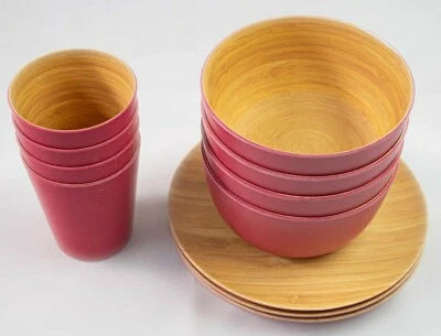 Melamine Wood-Looking Dinnerware Set for 4 - Red - Image 1 of 4