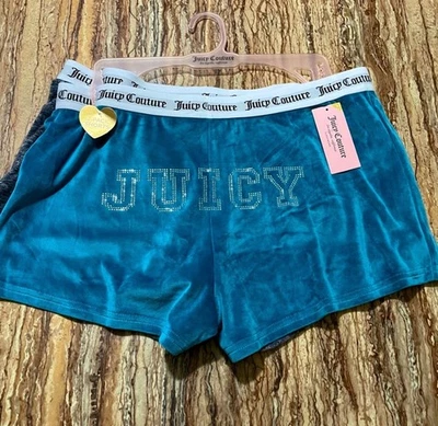 Juicy Couture Velour Lounge Shorts Women’s Large Teal & Gray Rhinestone Logo - Image 1 of 4