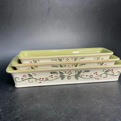 Amscan 3 Piece Holiday Berry Ceramic Sandwich Relish Cracker Serving Trays Long - Image 1 of 4
