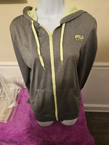 Womens Large Fila Sport Neon Green & Gray Zip Up Hoodie W/ Pockets - Picture 1 of 12