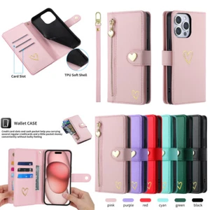 For iPhone 15Pro Max 14 13 XR 6 Fashion Heart Zipper Card Wallet Case With Strap - Picture 1 of 16