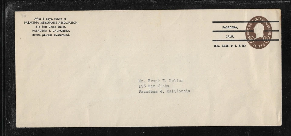 US Precancel Envelope: CA Pasadena - 3a3 X 30 43; Used (Merchants Association) - Image 1 of 1