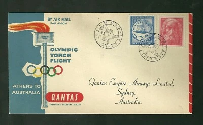 Cubierta de vuelo de la antorcha olímpica 1956 de Atenas a Australia Qantas Empire correo aéreo Foto 1 de 2