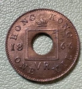 1866 Hong Kong 1 mil coin. (Victoria era). KM 3. Open center. Bronze Rare BU Rb - Picture 1 of 8