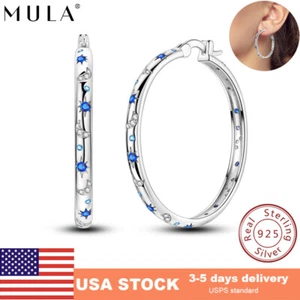 MULA 925 Sterling Silver Sparkling Starry Night Large Hoop Earrings CZ For Women - Picture 1 of 6