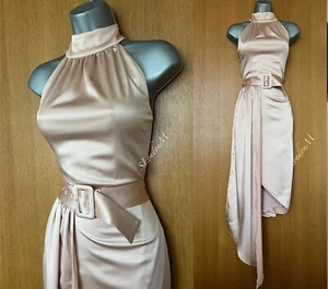 Vestido de Cóctel Karen Millen UK 10 Bebé Rosa Suave Satén Cuello Halter Cinturón Drapeado - Imagen 1 de 13