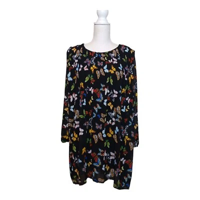 Vestido J&L Paris Negro Estampado Mariposa Plisado Gasa Forrado Manga Larga Transparente Foto 1 de 4