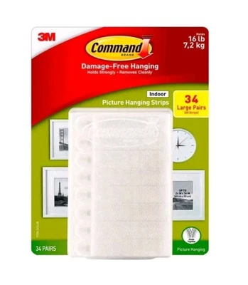 3M Command Picture Hanging Strips Large 34 Pairs 68 Strips Hold 16 lbs. NEW - Image 1 of 4