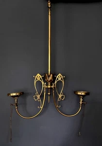 Antique Two Arm Converted Gas Ceiling Light | Art Nouveau style| Polished brass - Picture 1 of 8