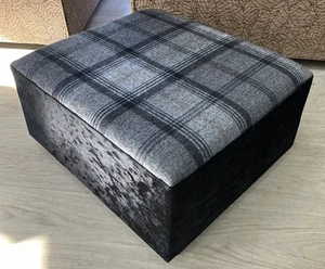 Footstool, Pouffe, Footrest, Dark Grey Tartan Top With Back Crushed Velvet Base - Picture 1 of 11