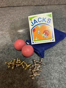 Vintage Jollie's Jacks Game Set 2 Rubber Balls 5 Gold 5 Silver Jacks Carry Bag - Picture 1 of 5