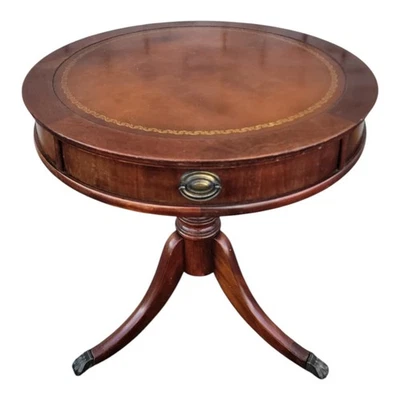 1940s Mahogany Round Side Table with Tooled Leather Top and Brass Pull Decor - Image 1 of 4