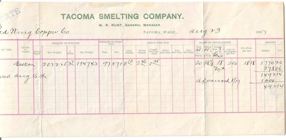 1907 Tacoma Smelting Alaskan Gold Rush Ore Assay Silver Antique Washington Mine - Image 1 of 1