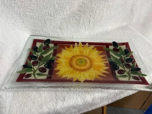 PEGGY KARR TOSCANA PLACA DE VIDRIO ESMERILADO CON GIRASOLES/OLIVAS 13,5 X 7,5" - Imagen 1 de 6