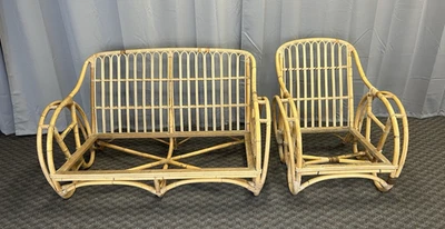 Vintage BAMBOO FURNITURE SET Sofa & Chair mid century modern patio pretzel REED - Image 1 of 4