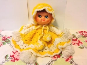Vintage 1960's Doll Yellow Crochet Dress Hide a roll or air freshener CLEAN - Picture 1 of 4