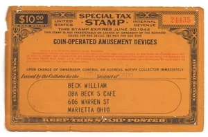 1944 $10 OHIO Blue - Coin Operated Amusement Devices - Special Tax Revenue Stamp - Picture 1 of 2