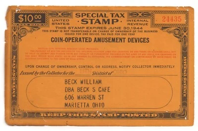 1944 $10 OHIO Blue - Coin Operated Amusement Devices Special Tax Revenue Stamp * - Image 1 of 2