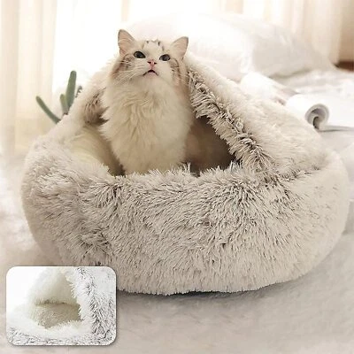 Cama para gatos cueva redonda de felpa mullida con capucha cama para gatos donut autocalentamiento mascota perro cama Foto 1 de 4
