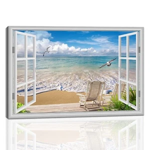 Large Beach Pictures Wall Art Canvas Print Artwork Blue Ocean Seascape Window... - Picture 1 of 6