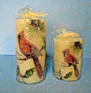 Christmas Set Of 2 Trim Merry Red Cardinal-Holly-Pine Cone Sparkle Candles 