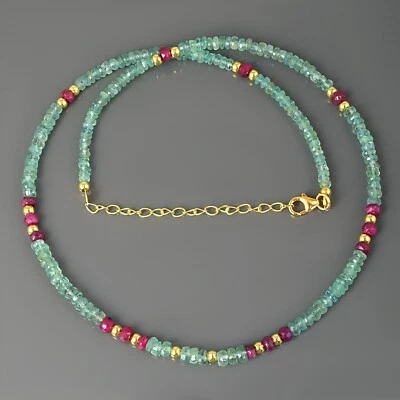 Natural Colombian Emerald & Ruby Rondelle Beads 18" Chain 925 Silver Necklace  - Image 1 of 4